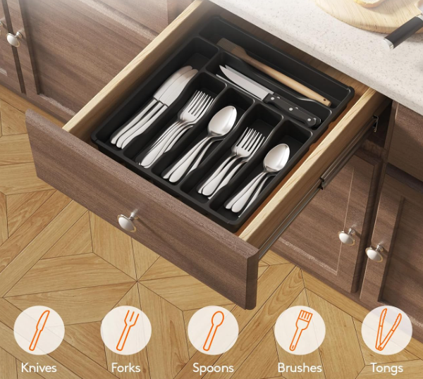 Black 7-Compartment Plastic Cutlery Organizer