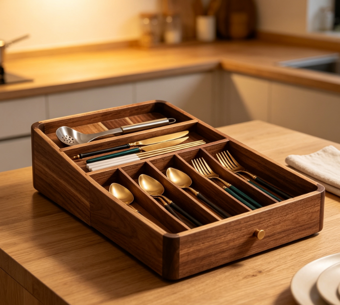 Acacia Wood 7-Compartment Cutlery Organizer - Image 2