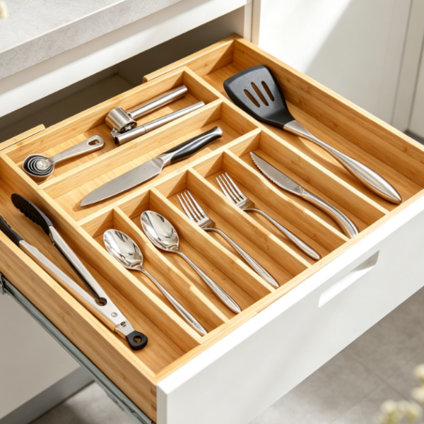 Deep-Profile Expandable Bamboo Cutlery Organizer