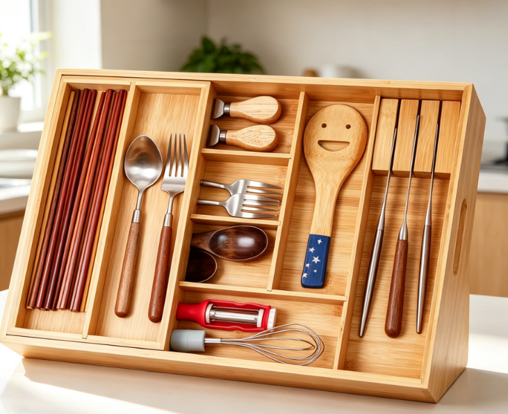Two-Tier Bamboo Cutlery Organizer Tray - Image 2