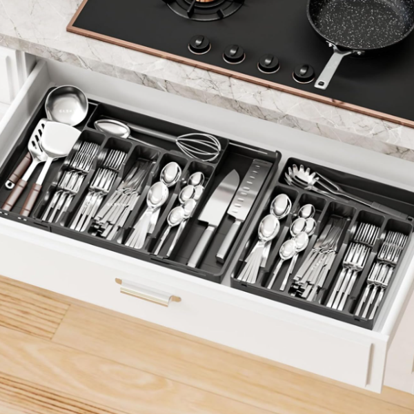 Black 8-Compartment Expandable Cutlery Organizer