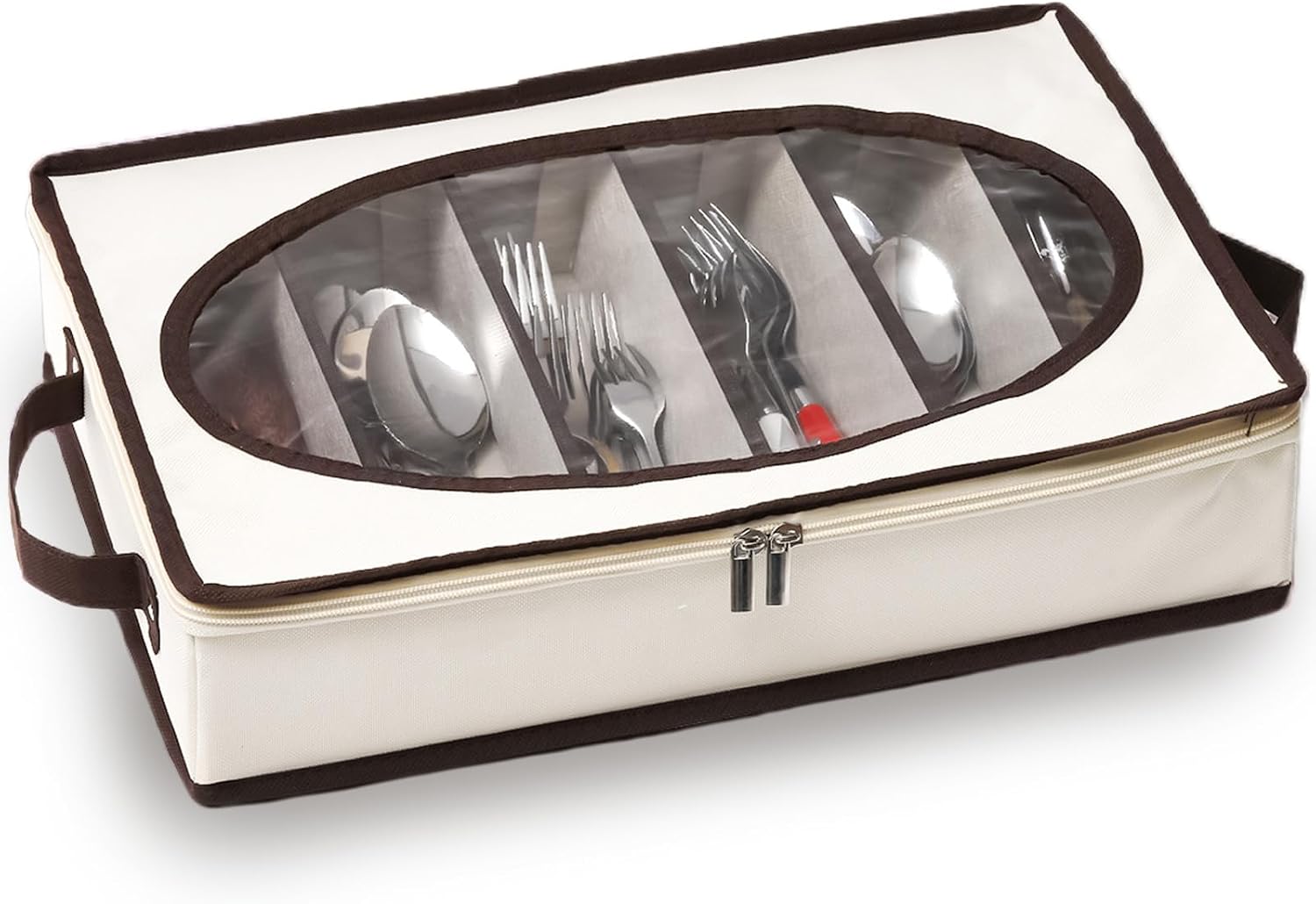 Silverware Storage Box With Zippered Lid And Adjustable Dividers