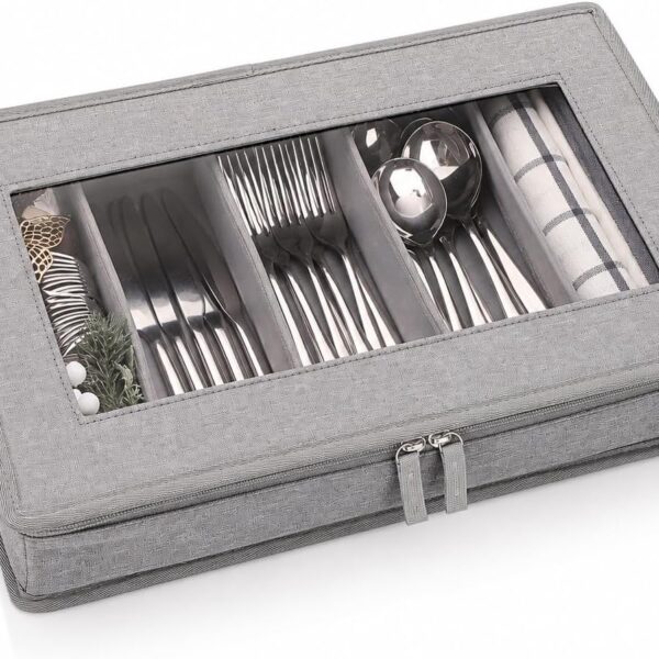 Cutlery Storage Box With Adjustable Dividers And Zippered Lid, Grey
